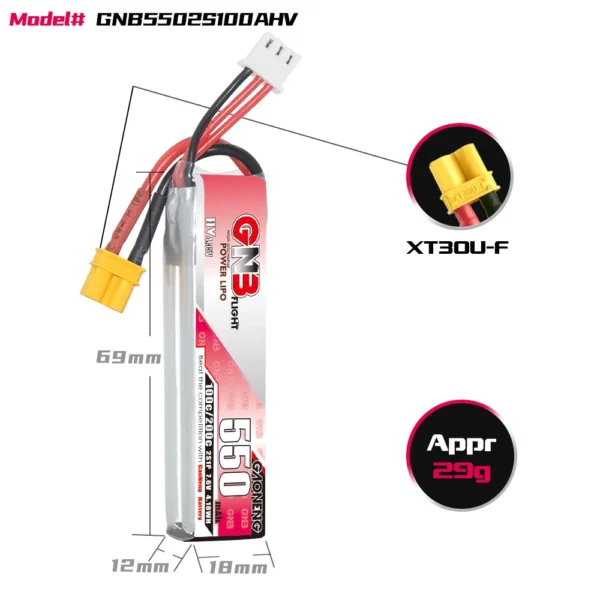 GNB GAONENG 2S 550mAh 7.6V 100C LiHV Battery Long Type - XT30 3 - Gaoneng GNB