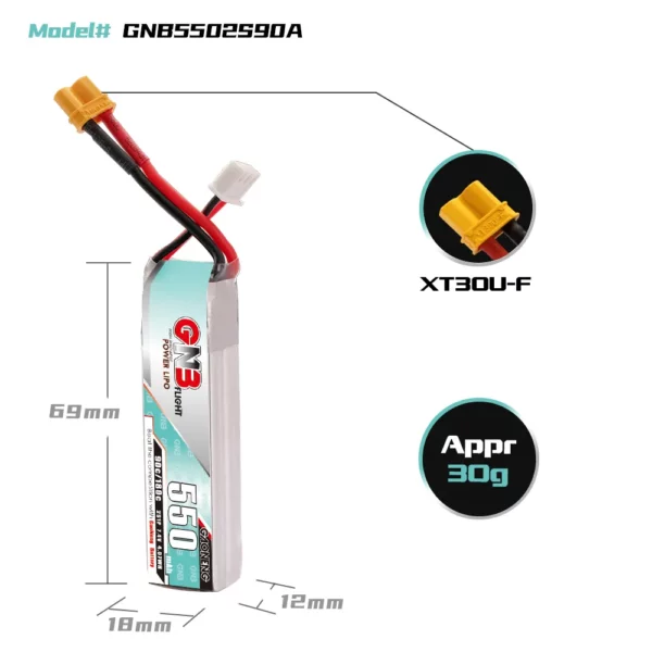 GNB GAONENG 2S 550mAh 7.4V 90C LiPo Battery Long Type - XT30 3 - Gaoneng GNB