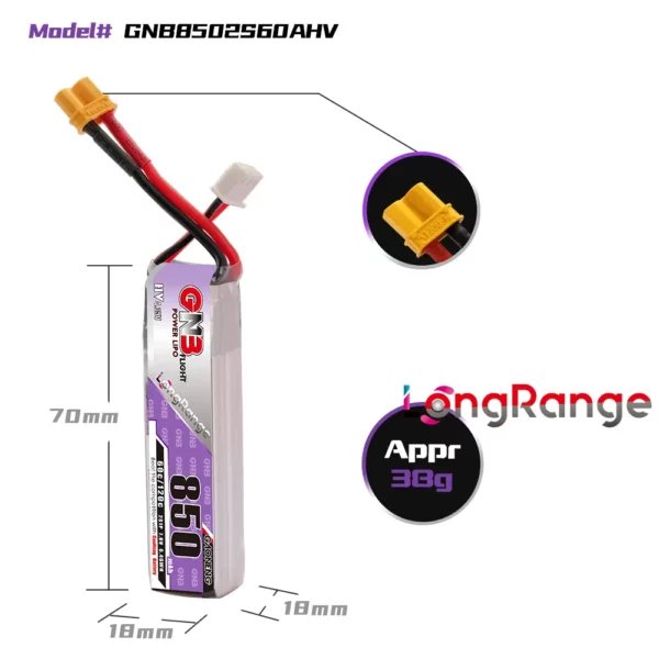 GAONENG GNB LiHV 2S 7.6V 850mAh 60C LiPo Battery Long Range - XT30 2 - Gaoneng GNB