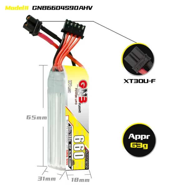 GNB GAONENG 4S 660mAh 15.2V 90C LiPo Battery Long Type - XT30 2 - Gaoneng GNB