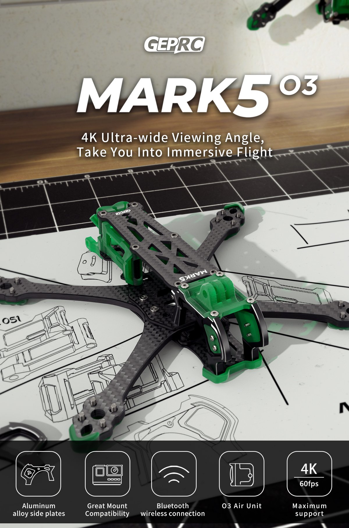 GEPRC FPV Freestyle Frame MARK5 Pro O3- Squashed X Green 17 - GEPRC